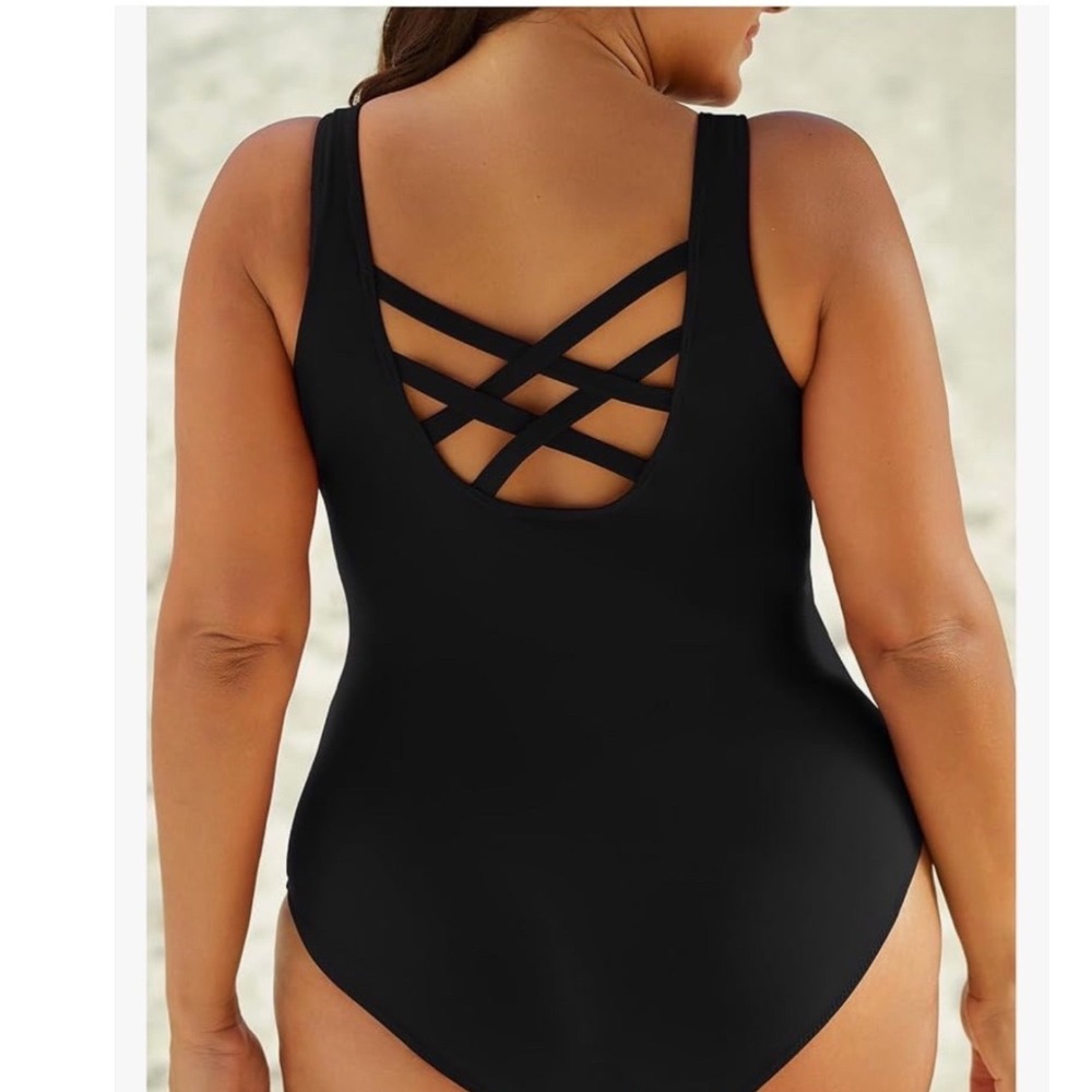 Black Lattice Back One Piece‎ Swimsuit Scoop Neck Strappy Swimwear XL